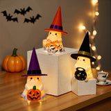Set of 3 Ceramic Ghost Figurines with Colorful Hats – Cute Halloween Tabletop Decorations for Home, Mantel & Party