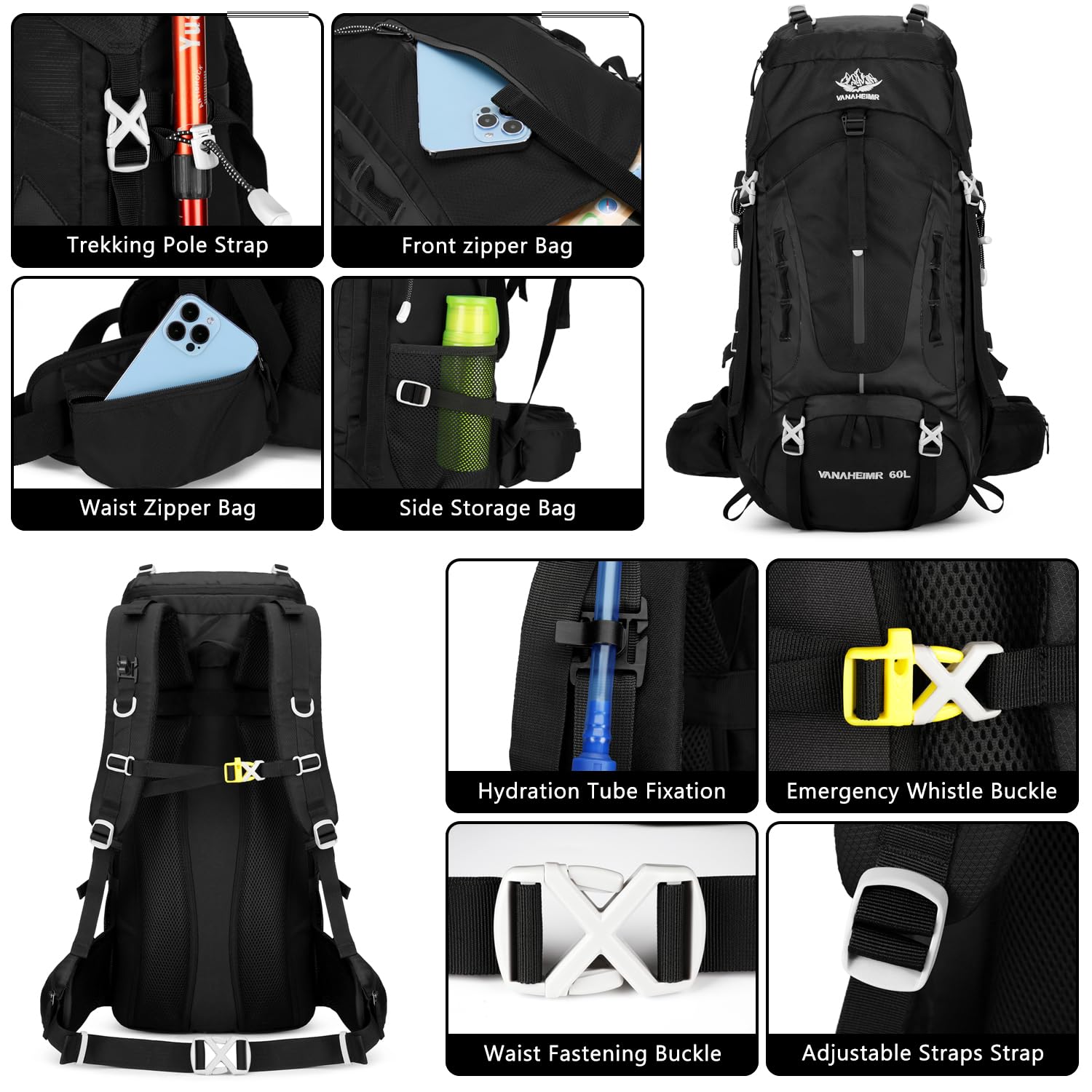 ESUP 50L Lightweight Camping & Hiking Backpack with Rain Cover – Multi-Day Outdoor Travel Backpack – Deep Black
