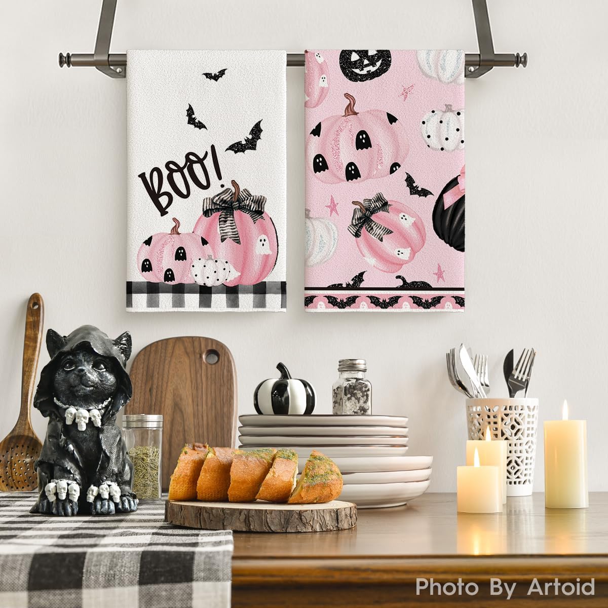 Pink Halloween Dish Towels – 4Pc Soft & Absorbent Cotton Tea Towels with Cute Seasonal Print (18x26 in, Artoid Mode)
