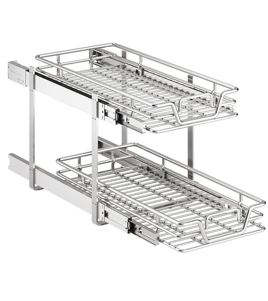 2-Tier Pull-Out Cabinet Organizer – Independently Sliding Chrome Storage Shelves