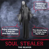 Haunted Hill Farm 63-in. Talking Reaper Halloween Animatronic, Indoor or Outdoor Halloween Decoration with Flashing White Eyes, Poseable and Battery Operated Fright Props for Home or Haunted House