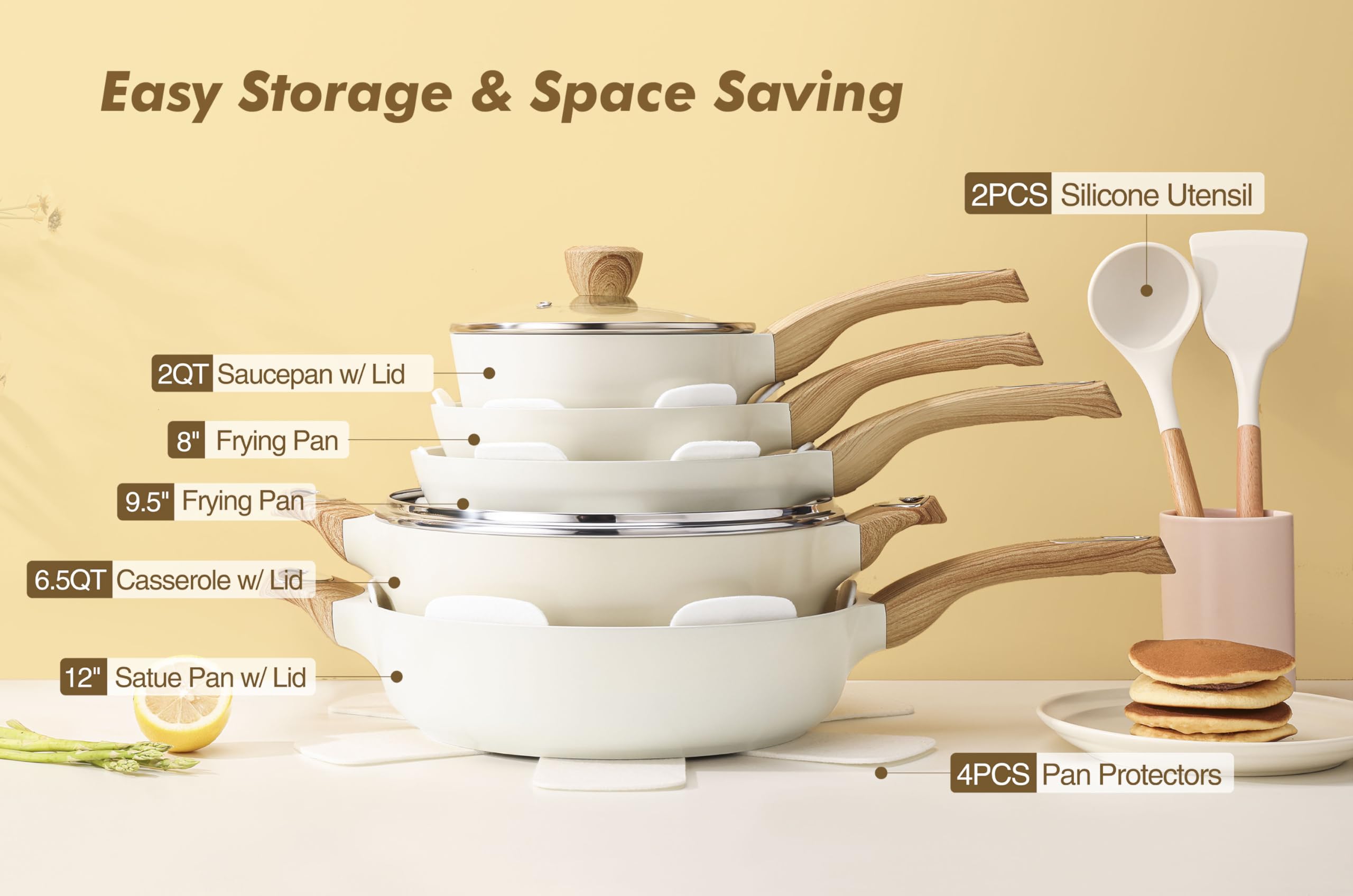 14-Piece Ceramic Nonstick Cookware Set – Induction Compatible, Non-Toxic Pots & Pans with Glass Lids