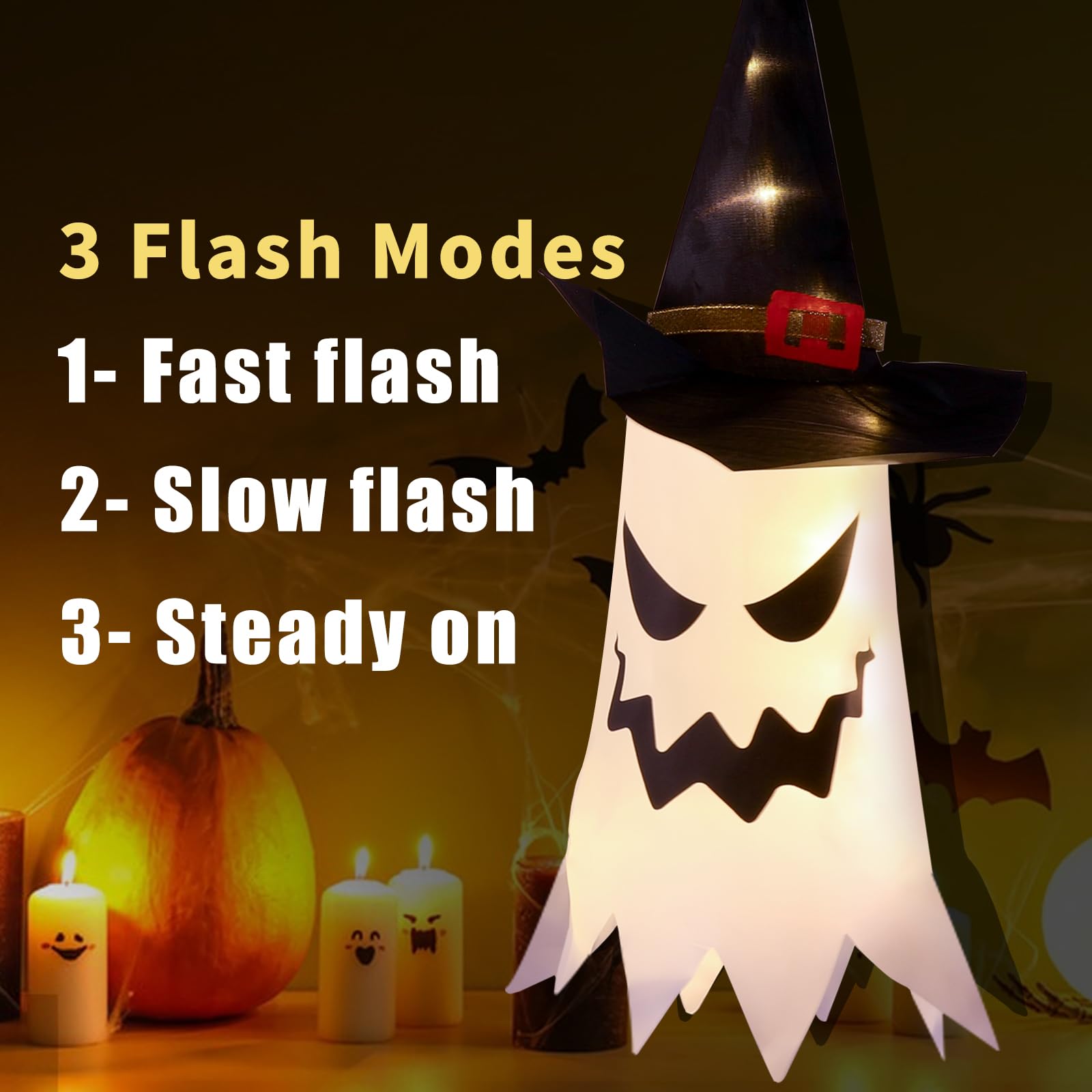 Halloween Lighted Ghost Witch Hats – 4 Pack Hanging LED Decorations with 3 Flash Modes for Indoor & Outdoor Use (Warm White)