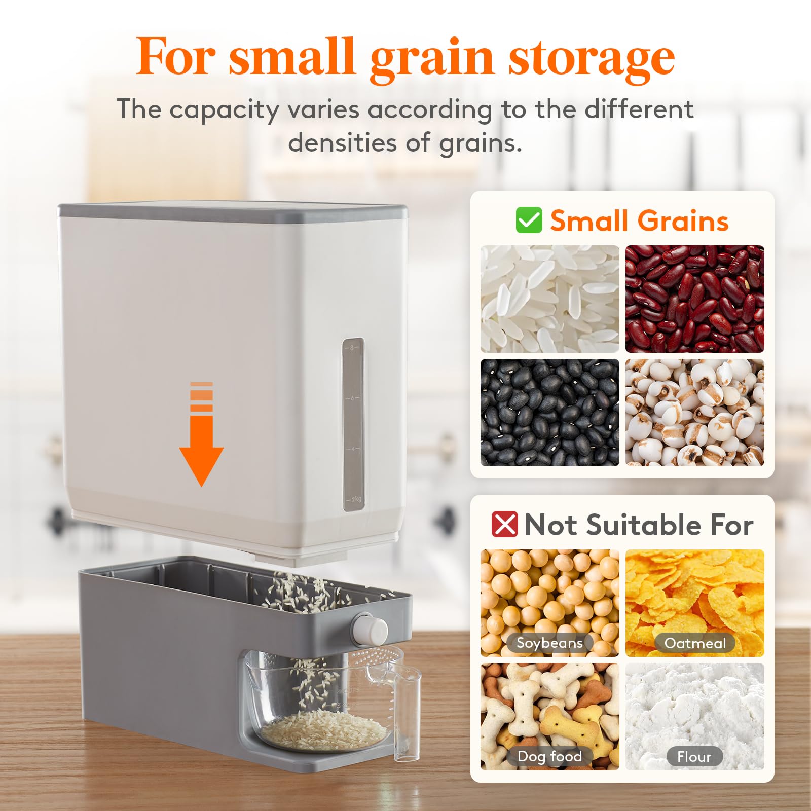 Large Capacity Rice Storage Dispenser – 25.4 lb Airtight Grain Container with Measuring Cup (Light Grey)