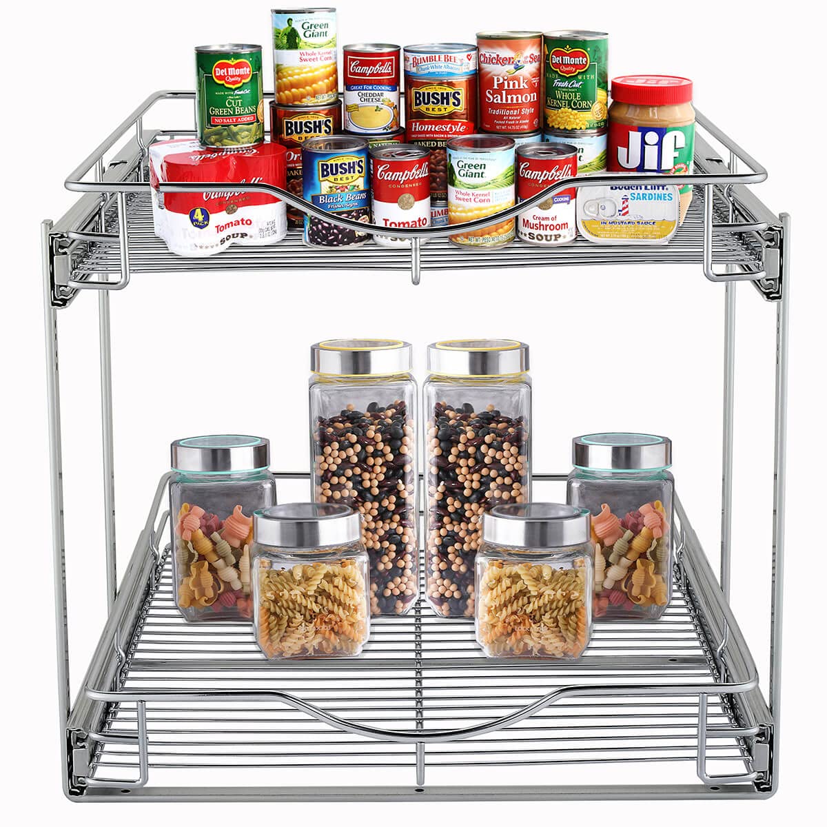 DINDON Narrow 2-Tier Chrome Pull-Out Cabinet Organizer – Heavy-Duty Metal Slide-Out Shelves for Compact Cabinets