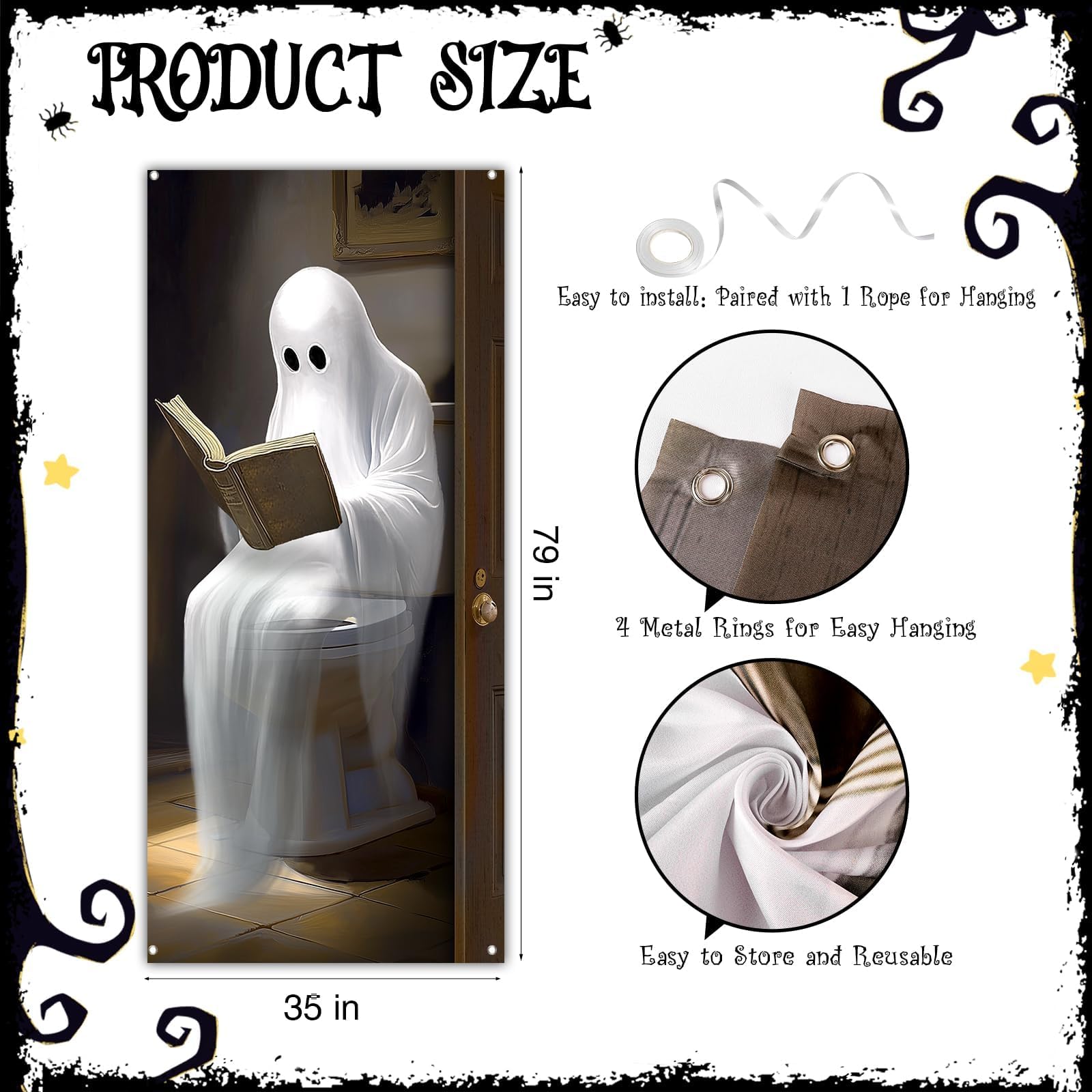 Halloween Ghost Door Cover – Large 3D Printed Spooky Banner with Rope for Hanging, Durable Outdoor & Indoor Decoration (35x79 Inches, Multicolor)