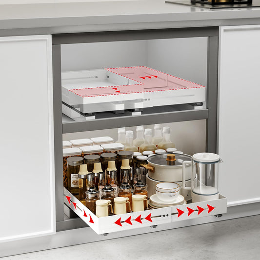 AMZAGE Adjustable Pull-Out Cabinet Organizer with Raised Base – No-Drill Slide-Out Drawer for Framed Cabinets (White)