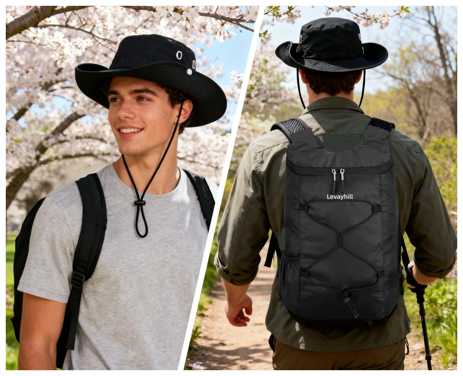 LEVAYHILL 16L Ultra-Compact Foldable Backpack & Bucket Hat 2-in-1 Lightweight Travel Set – Black