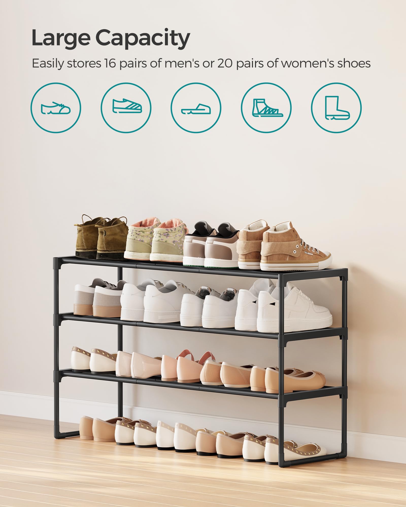 SONGMICS 3-Tier Metal Shoe Rack – Stackable, Flip-Design Shoe Organizer for Entryway & Closet (Black)