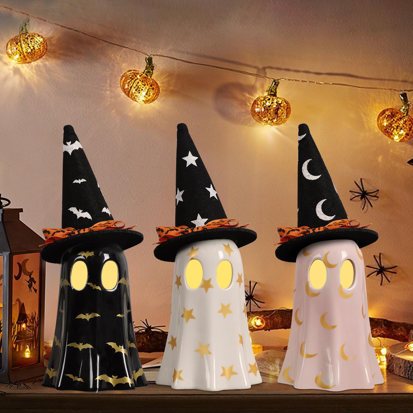 Ceramic Ghost Halloween Décor Set – 3-Piece Light Yellow Ghost Figurines with Witch Hats & Tea Lights