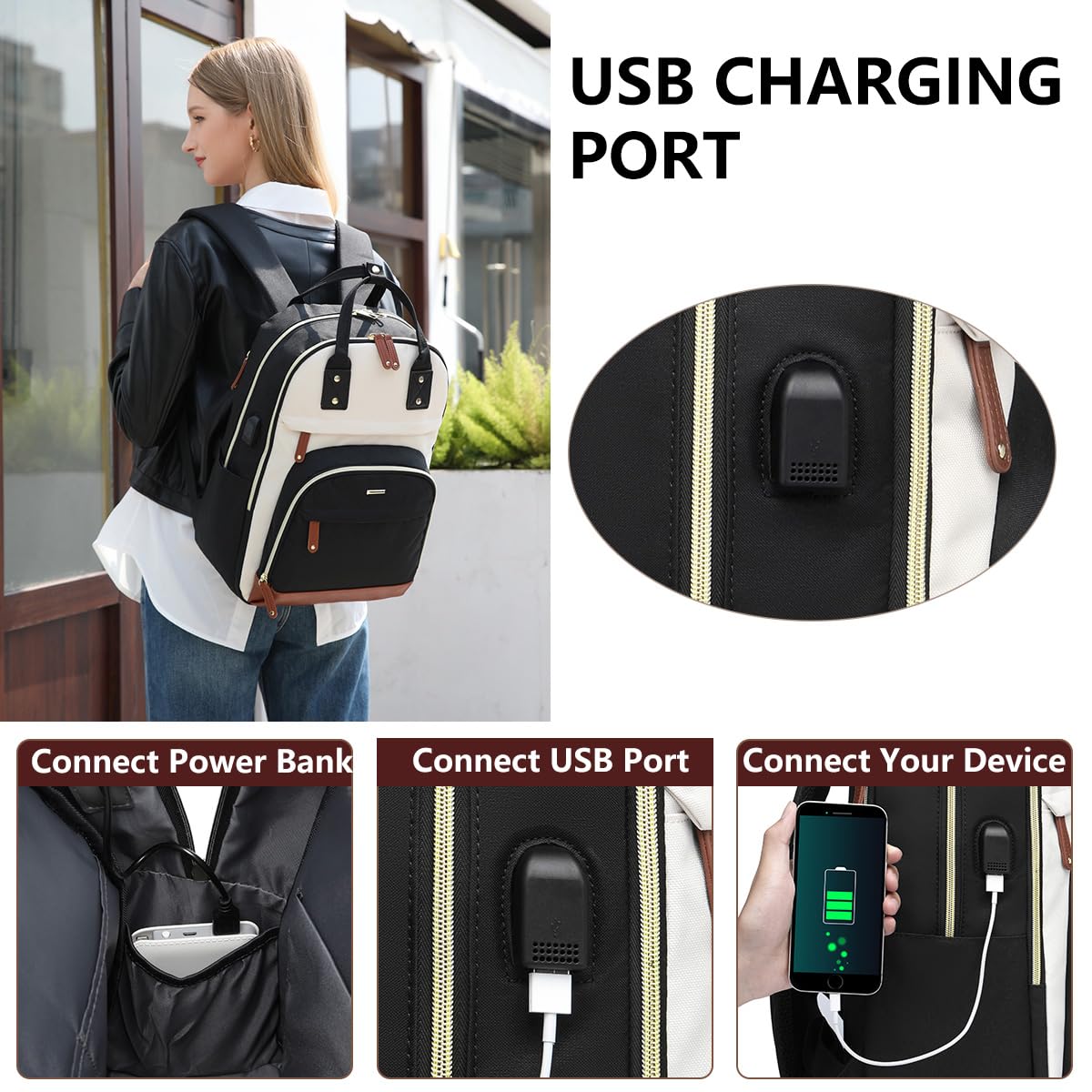 Women’s Laptop Backpack with USB Charging Port – Stylish Business & Travel Backpack for 15.6″ Laptops (Black Beige)