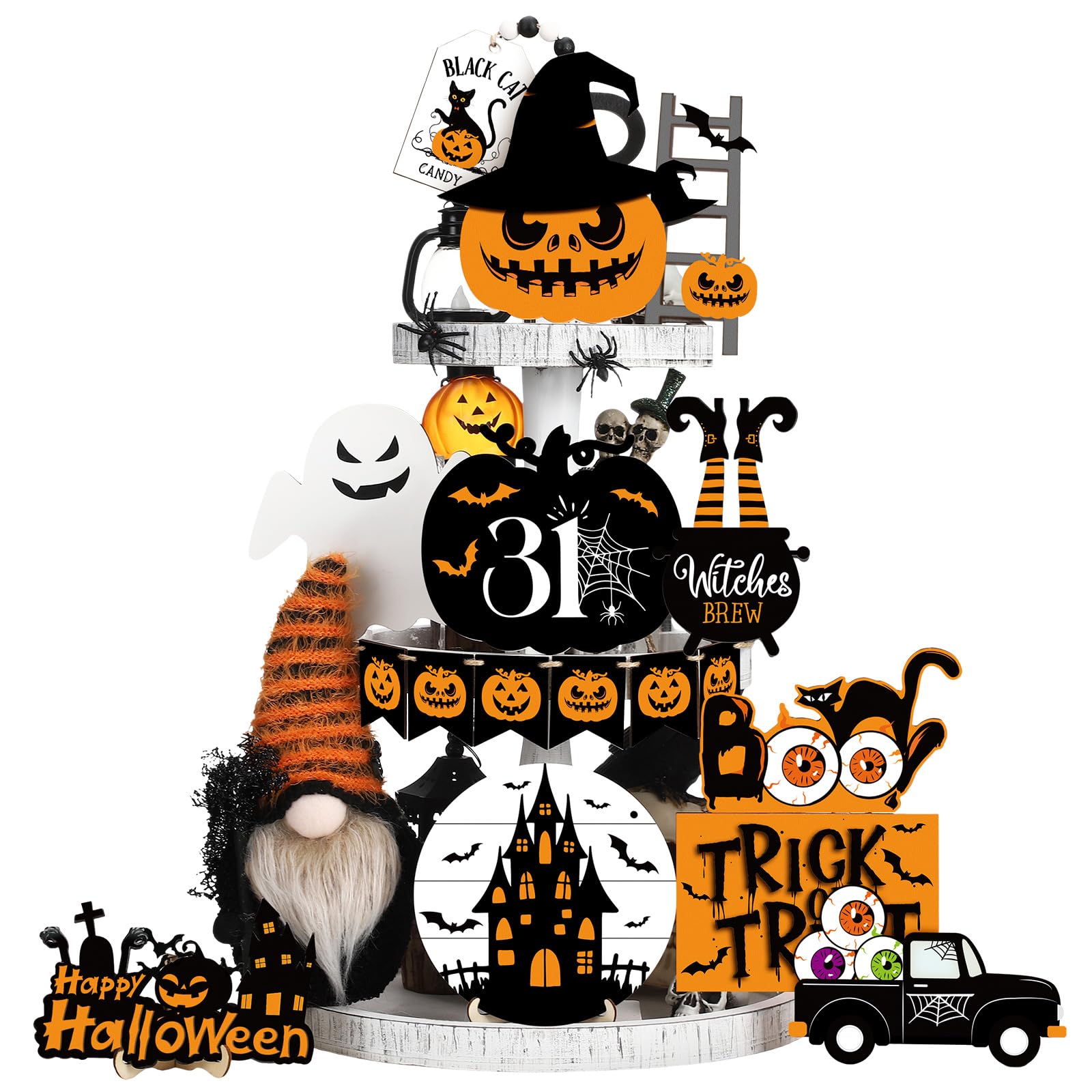 Halloween Tiered Tray Decorations Set (18 Pcs) 🎃 – Rustic Wooden Signs & Plush Gnome for Farmhouse Home Décor