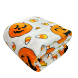 Halloween Velvet Fleece Throw Blanket – Jack O’ Lantern & Candy Corn Pattern (50x70”, White Yellow Orange)