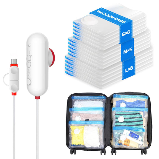 USB Vacuum Storage Bag Set with Electric Pump – Travel Compression Bags for Clothes & Luggage Space Saver