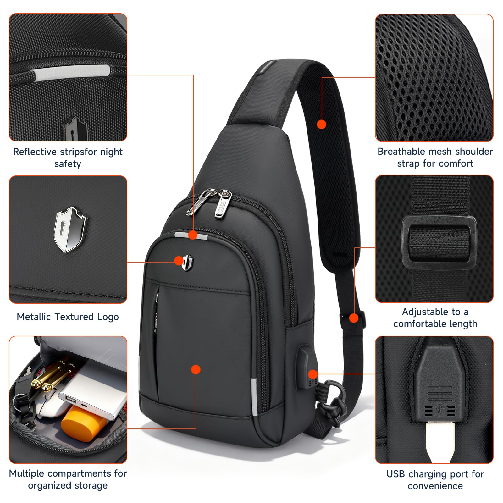 Baaob Compact Crossbody Sling Bag with USB Charging Port & Reflective Strips – Black