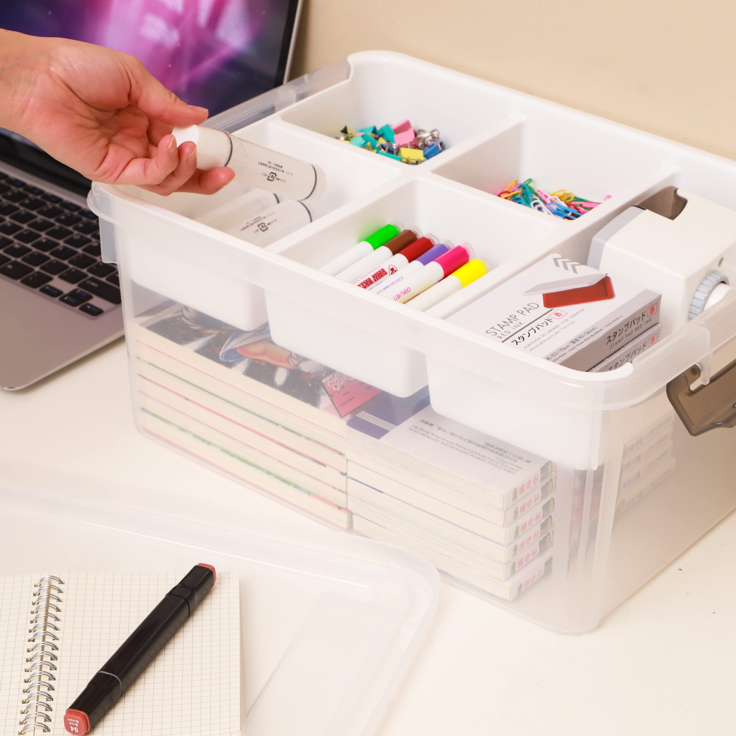 Citylife 17-Qt Plastic Storage Box with Removable Trays – Clear Craft & Tool Organizer for Beads, Sewing & Art Supplies (White)