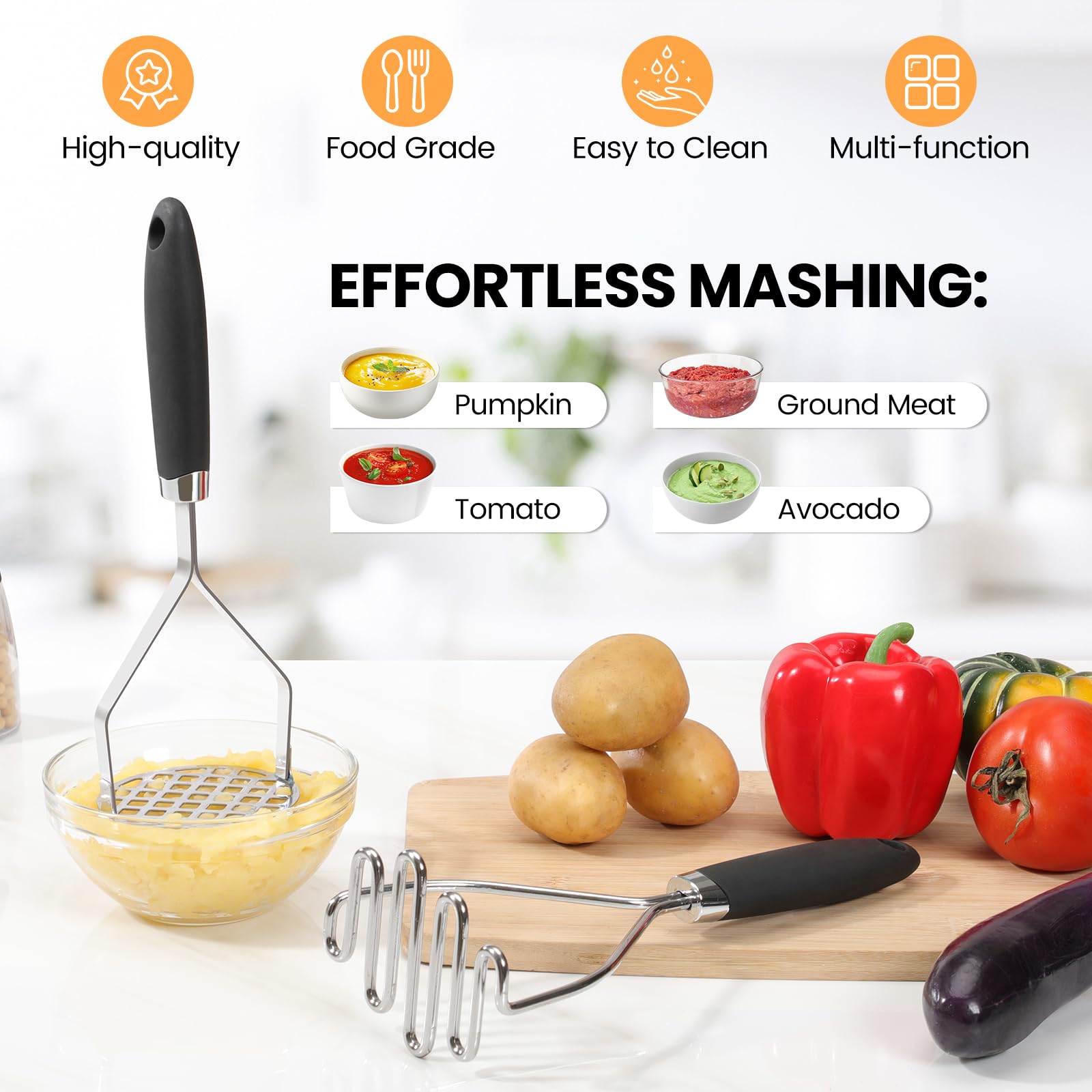 Dual Potato Masher Set – Stainless Steel Heavy-Duty Mashers with Ergonomic Handles (2-Piece)