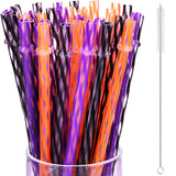60PCS Halloween Reusable Straws with Cleaning Brush – Orange, Black & Purple Drinking Straws for Parties & Daily Use