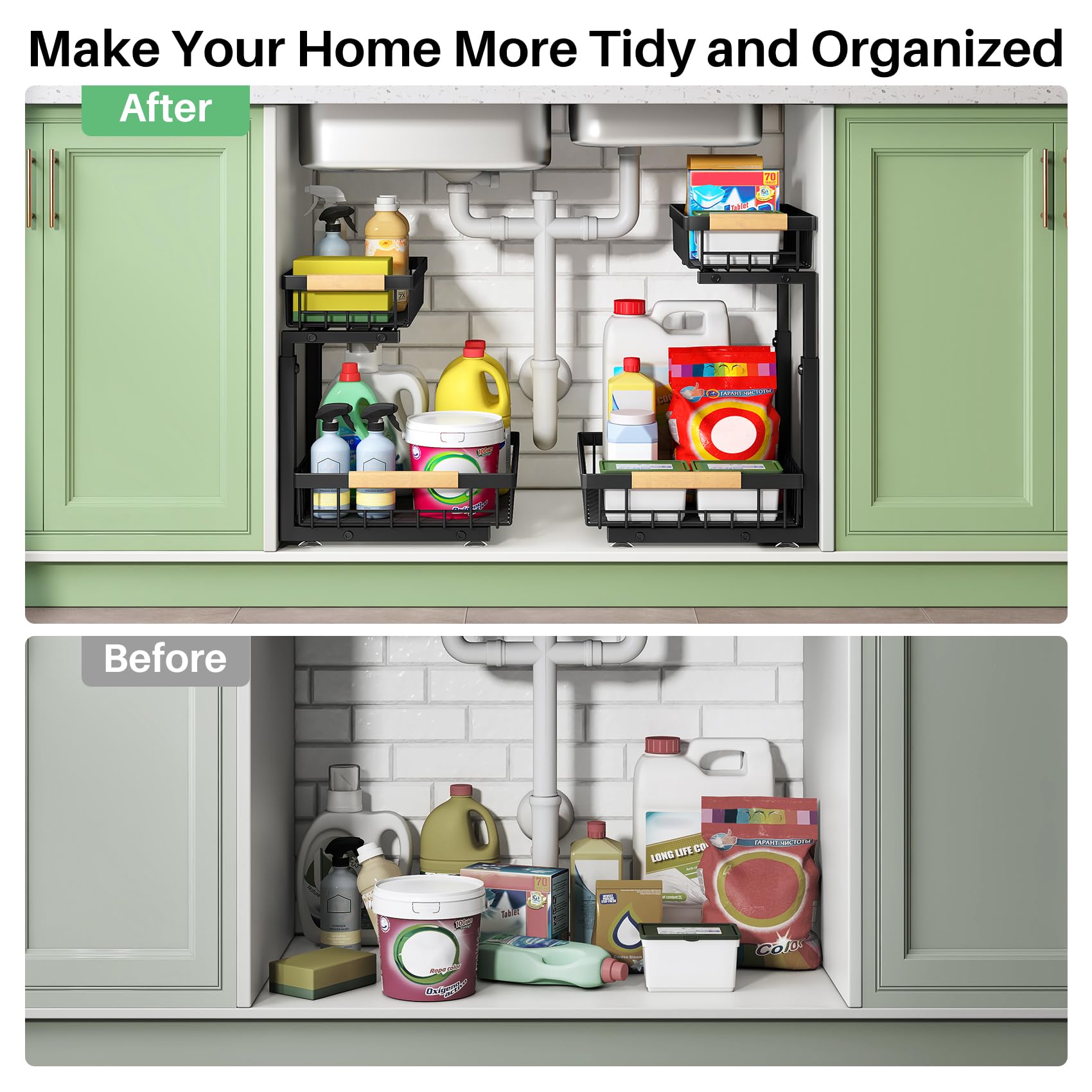 Heavy-Duty 2-Tier Under Sink Organizer with Adjustable Height – Sliding Cabinet Storage Rack (Black)