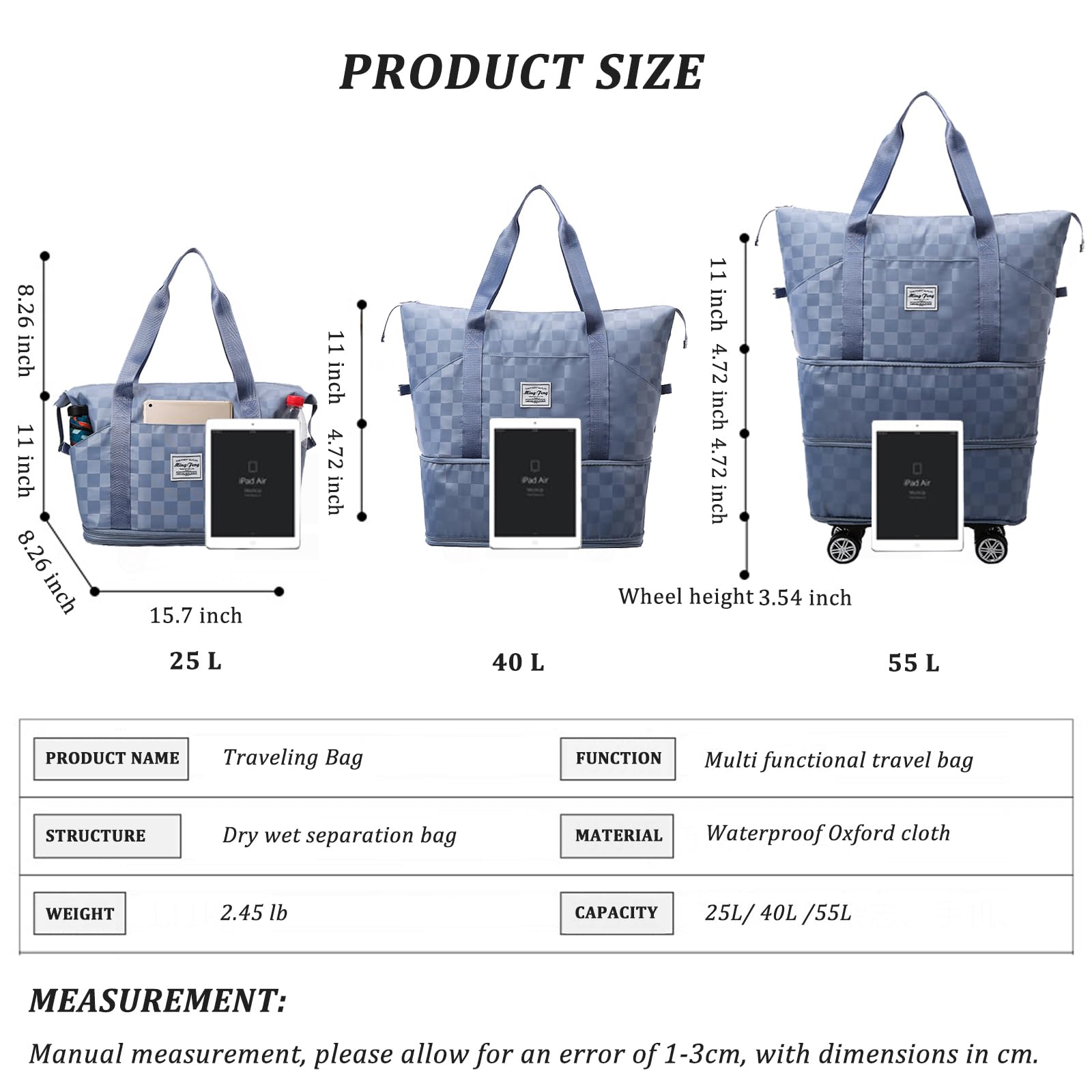 Expandable Foldable Rolling Duffel Bag with Detachable 360° Wheels, 25L–55L Lightweight Carry-On Travel Luggage (Blue)