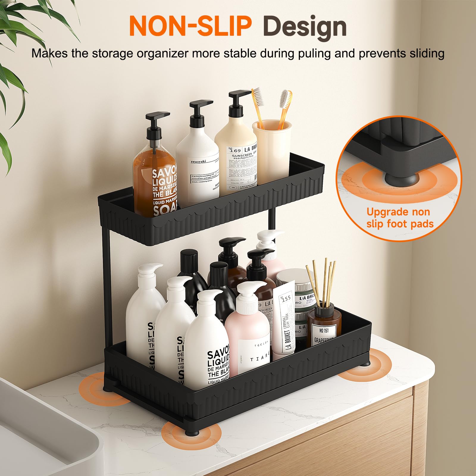3-Pack L-Shaped Under Sink Organizer – Pull-Out Cabinet Storage with Hooks & Cup (Black)