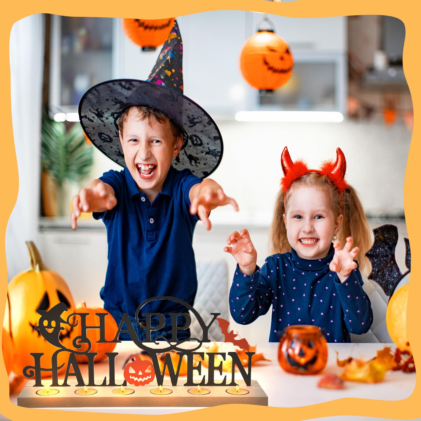 Happy Halloween Tabletop Sign with Wooden Base & 18 Tealights – Metal Pumpkin, Bat & Ghost Table Decor (Halloween Edition)