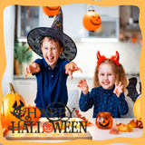 Happy Halloween Tabletop Sign with Wooden Base & 18 Tealights – Metal Pumpkin, Bat & Ghost Table Decor (Halloween Edition)