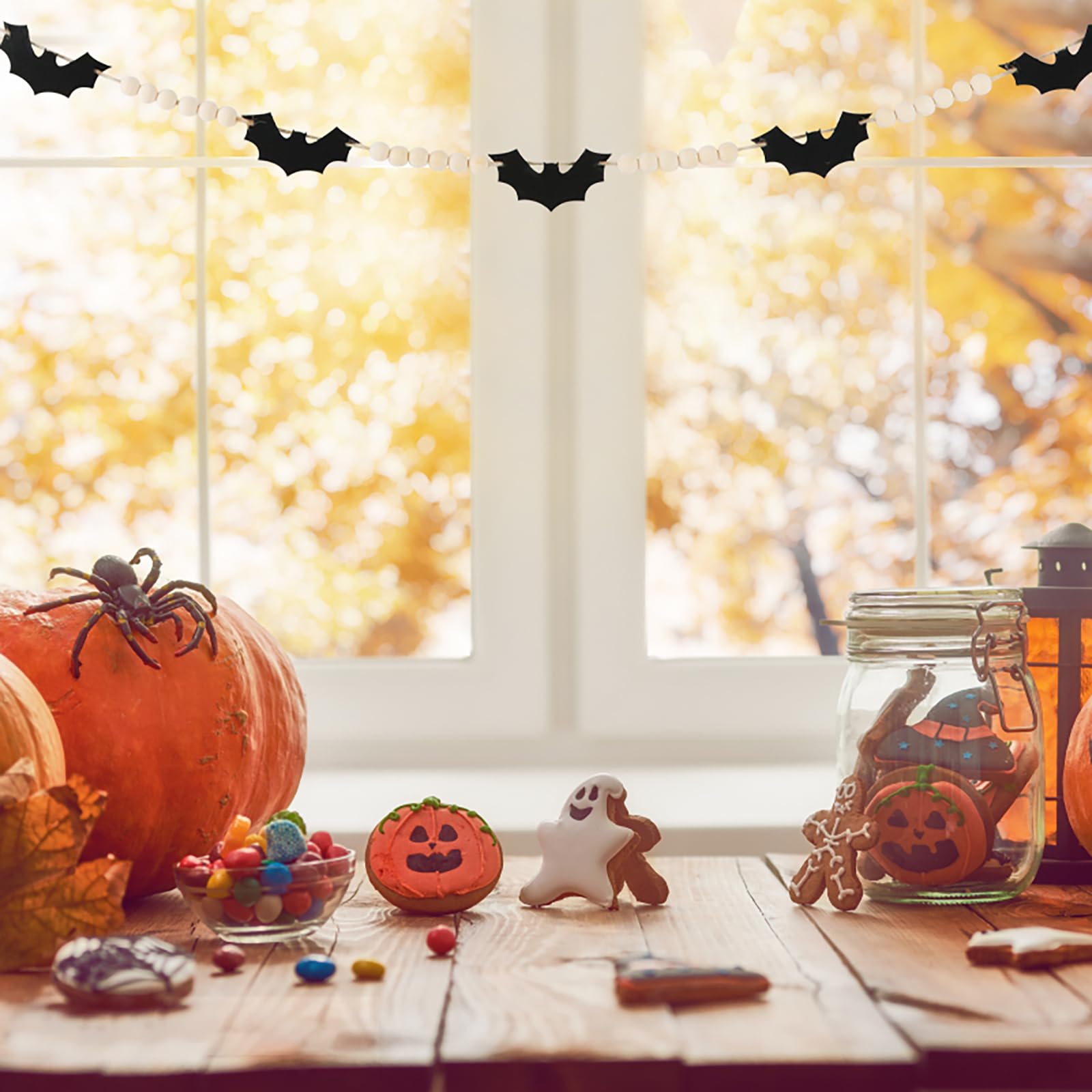 Black Felt Bat & Wood Bead Garland 🎃 – 5ft Rustic Halloween Mantel Banner for Spooky Home Décor