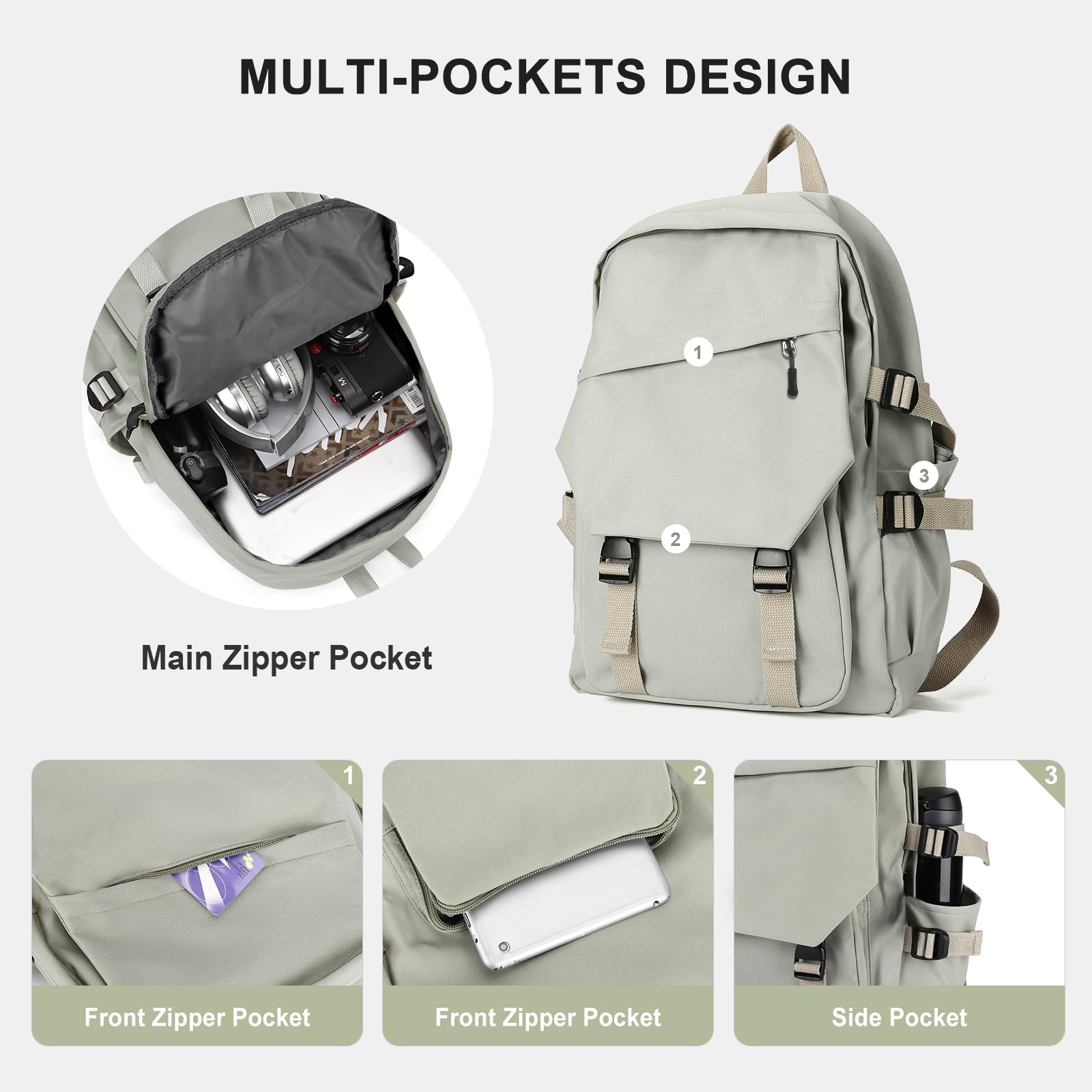 COOWOZ Lightweight College Laptop Backpack for Men & Women – Water-Resistant School & Travel Daypack (Grey Green)