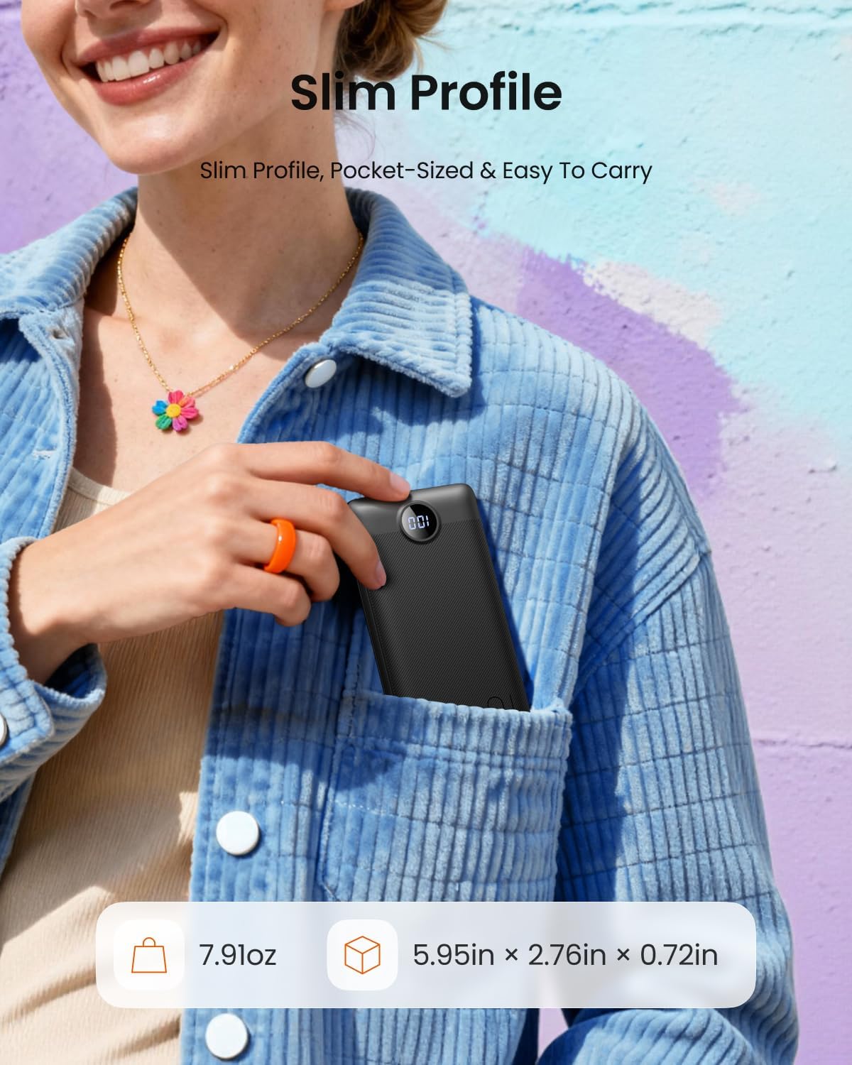 10000mAh Portable Power Bank with Foldable Wall Plug & Built-in Charging Cables