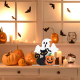 Rustic Wooden Halloween Decor Set – White Ghost, Black Cat & Plaid Pumpkin Tabletop Signs (3-Pack)