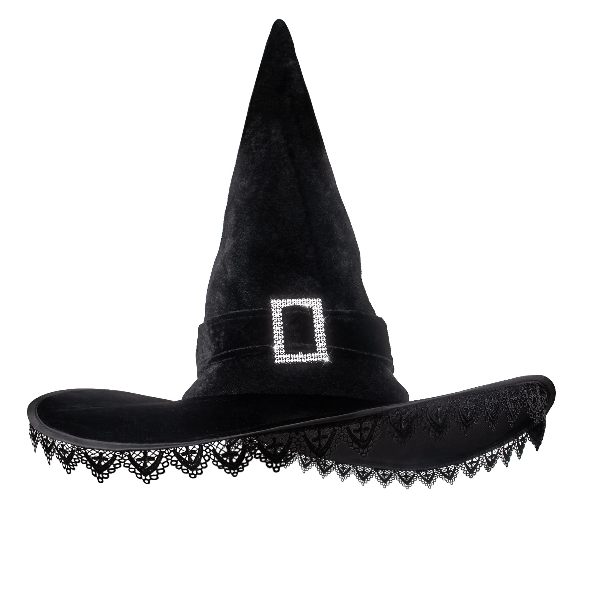 Black Lace Witch Hat with Fringe & Sparkling Buckle – Halloween Costume Accessory & Decoration