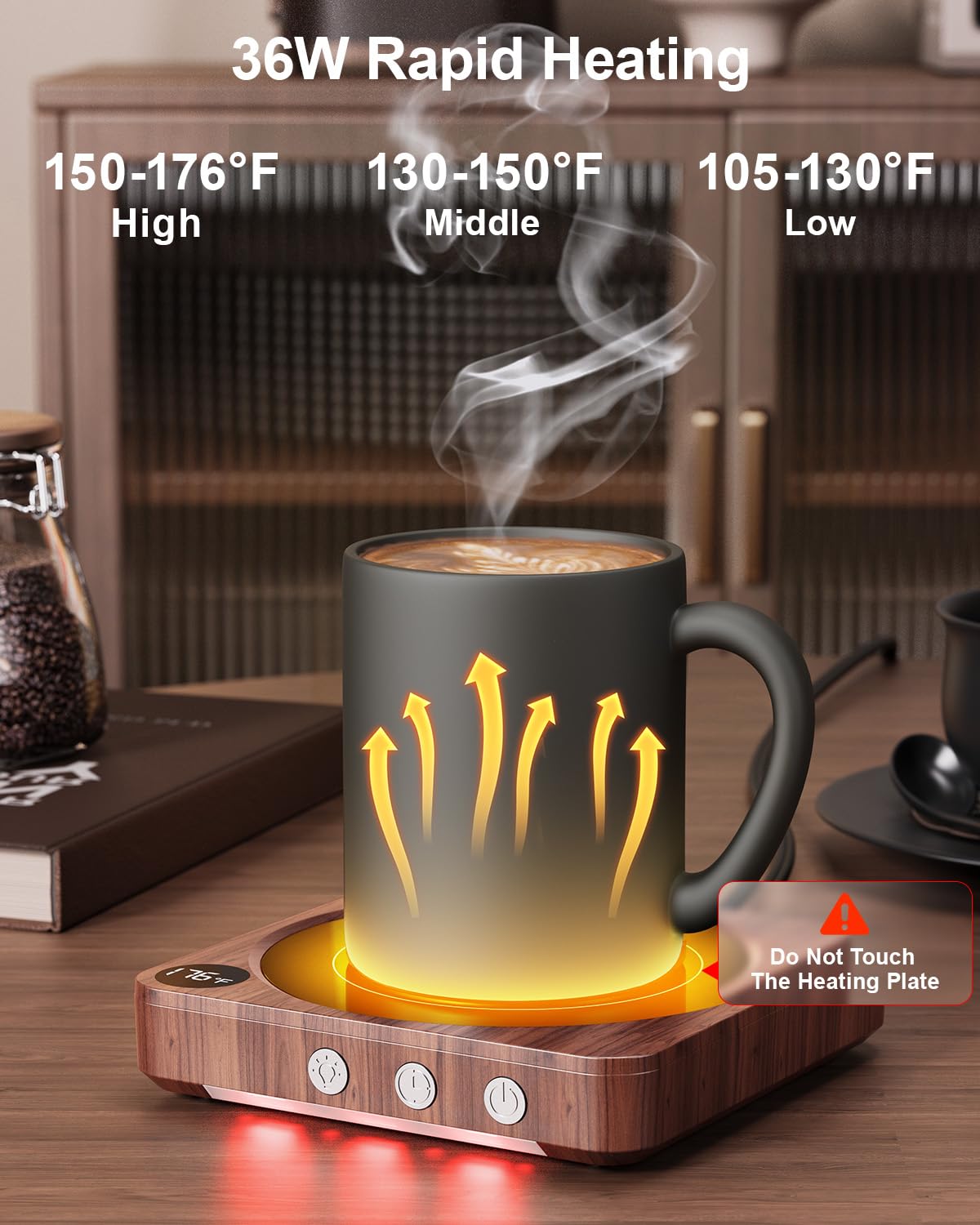 House Gem Smart Mug Warmer 36W Coffee Cup Heater with Temperature Display Timer Auto Shut Off Wood