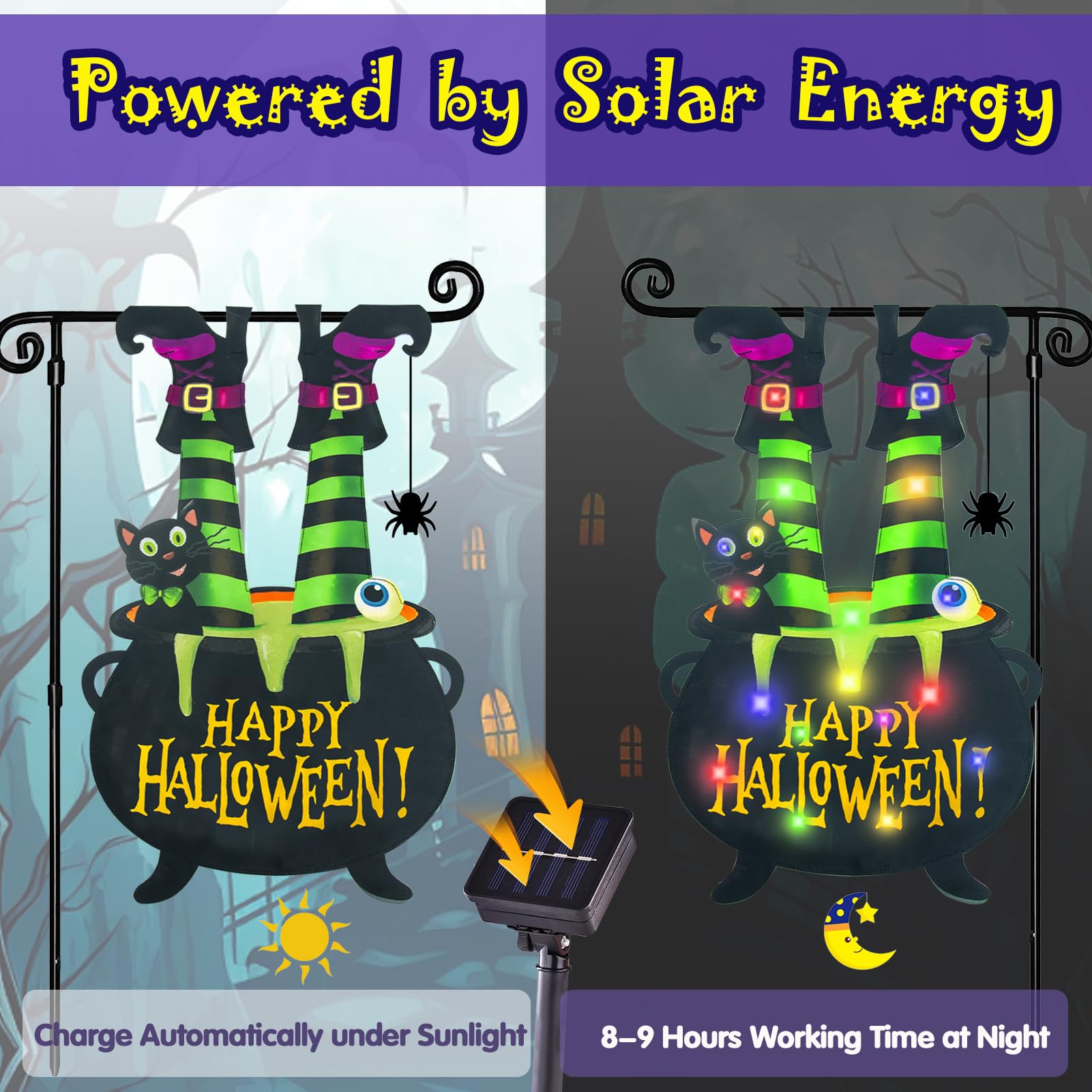 12x18 Halloween Garden Flag with Solar LED Lights – Multi-Colored Double-Sided Cat & Eyeball Cauldron Yard Decoration