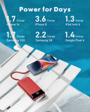 10000mAh Slim Power Bank with Built-in Cables – Portable Charger for iPhone, Samsung, Android & Tablets (Charge Up to 6 Devices)