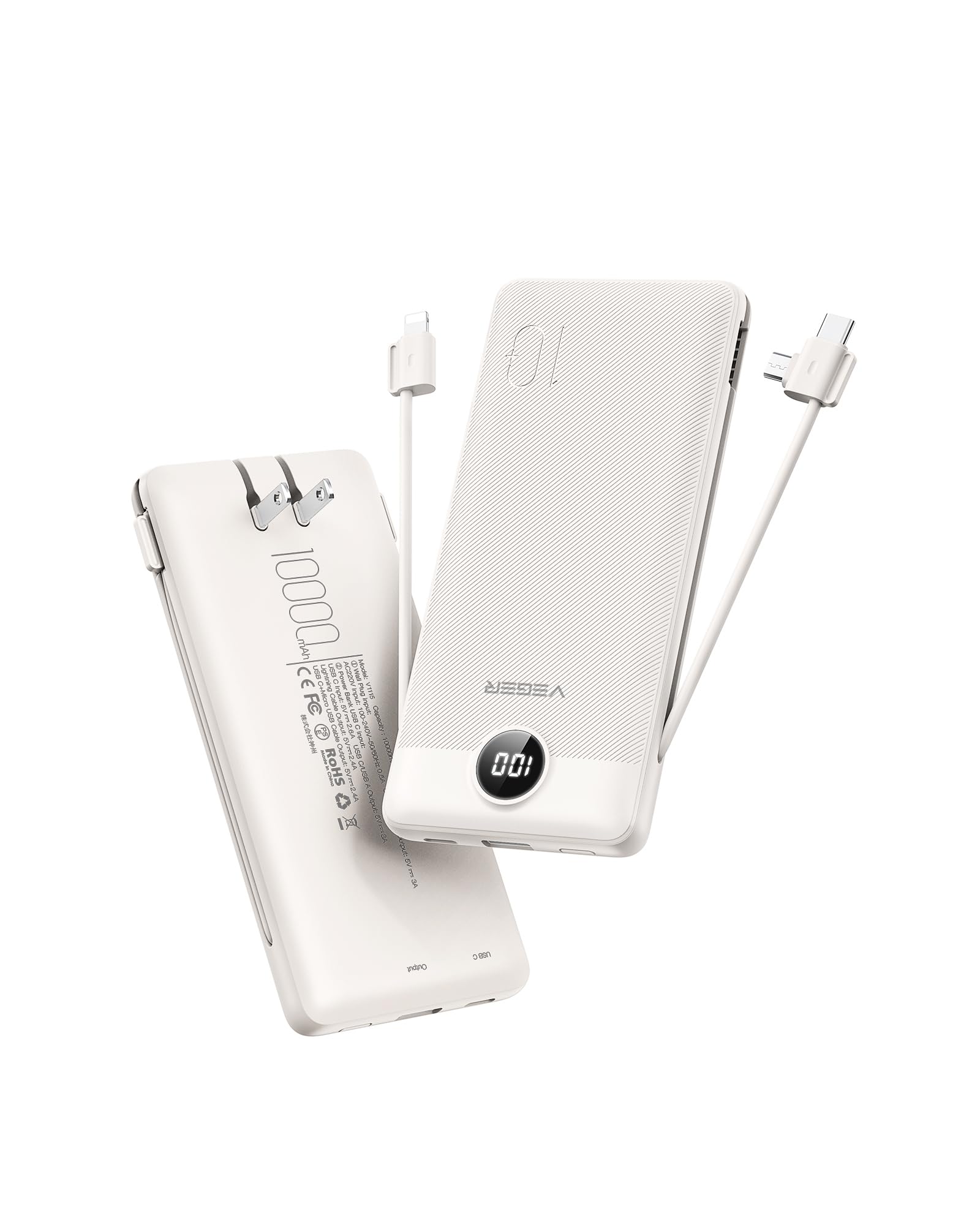 VEGER 10000mAh Portable Power Bank with Built-In Cables & AC Plug – Ultra Slim Fast Charging Travel Charger