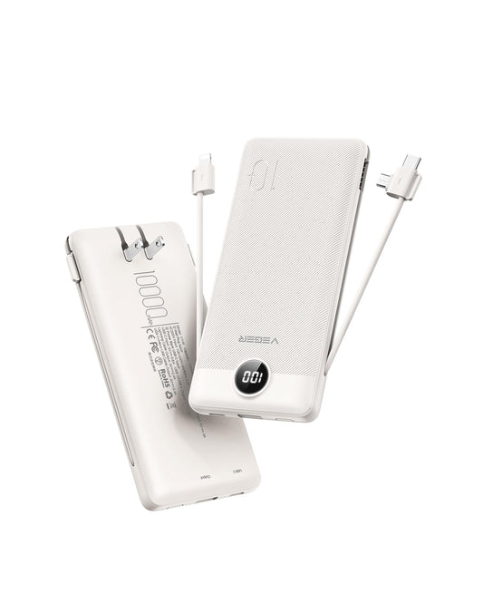 VEGER 10000mAh Portable Power Bank with Built-In Cables & AC Plug – Ultra Slim Fast Charging Travel Charger