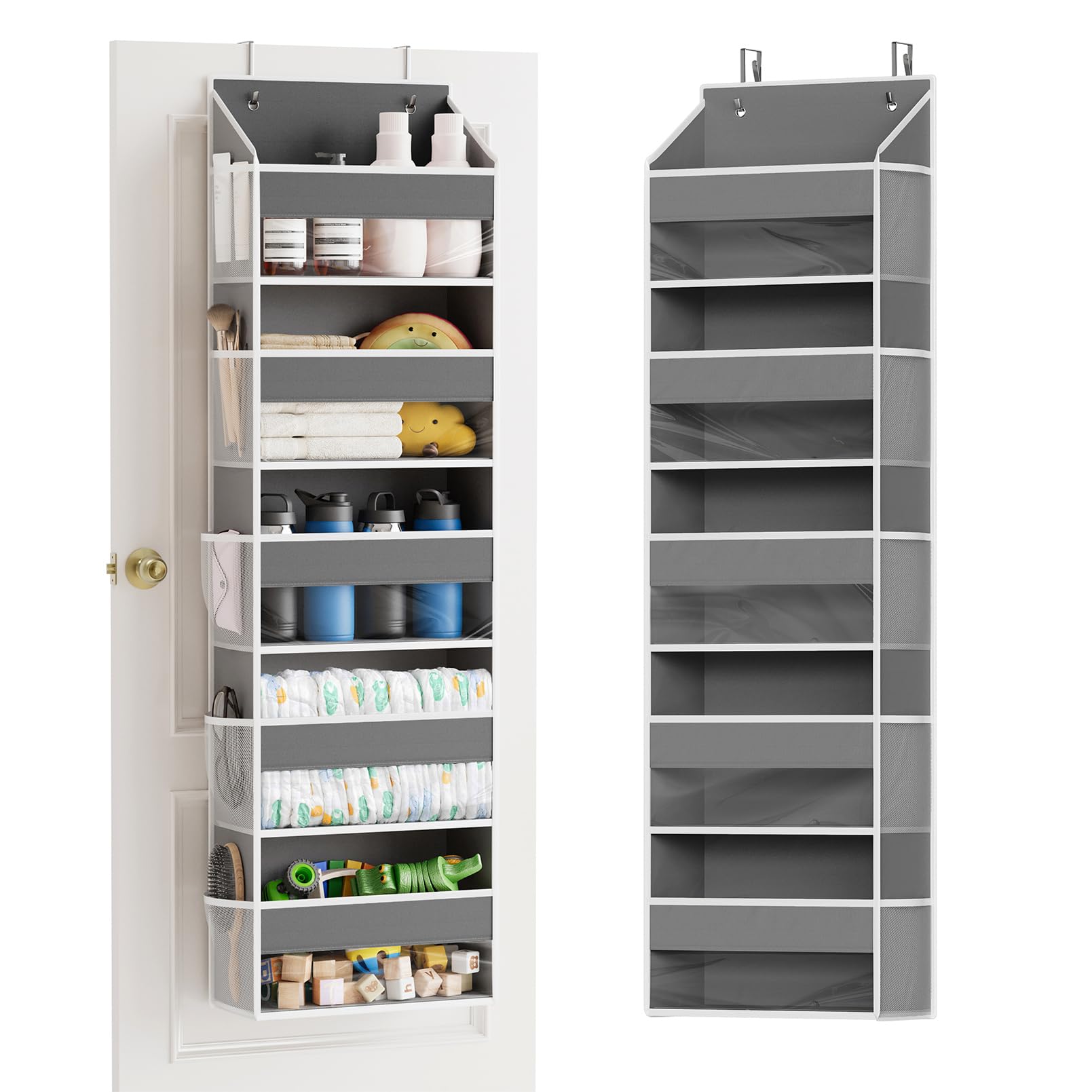 SpaceAid Over-the-Door Hanging Organizer with Clear Pockets – 5-Tier Storage System with Mesh Side Pockets (Gray)