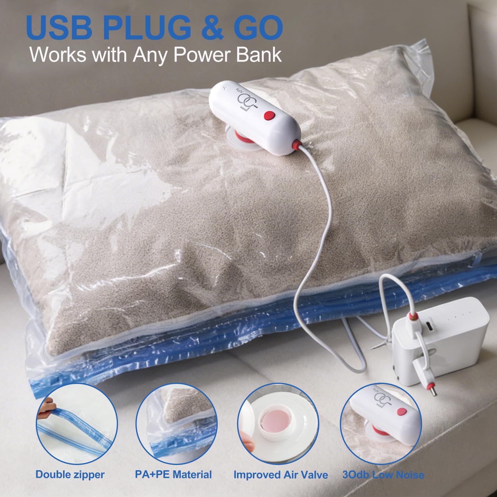 USB Vacuum Storage Bag Set with Electric Pump – Travel Compression Bags for Clothes & Luggage Space Saver