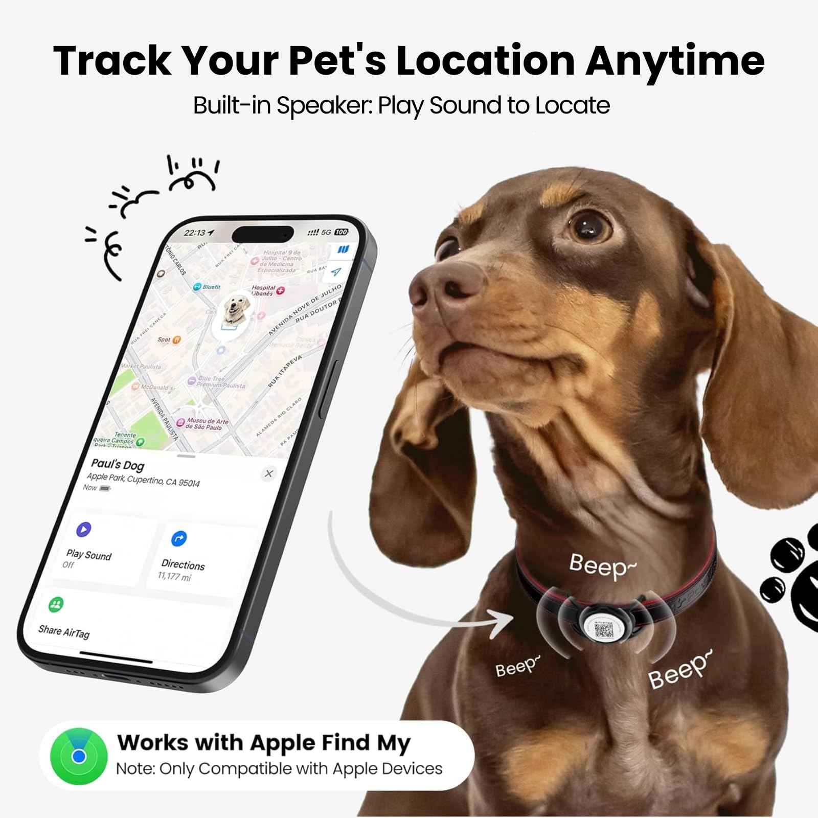 Smart Cat & Dog GPS Tracker with QR Emergency ID Tag, No Monthly Fee, Real-Time Find My Tracking, Lightweight Waterproof Collar Locator for Pets