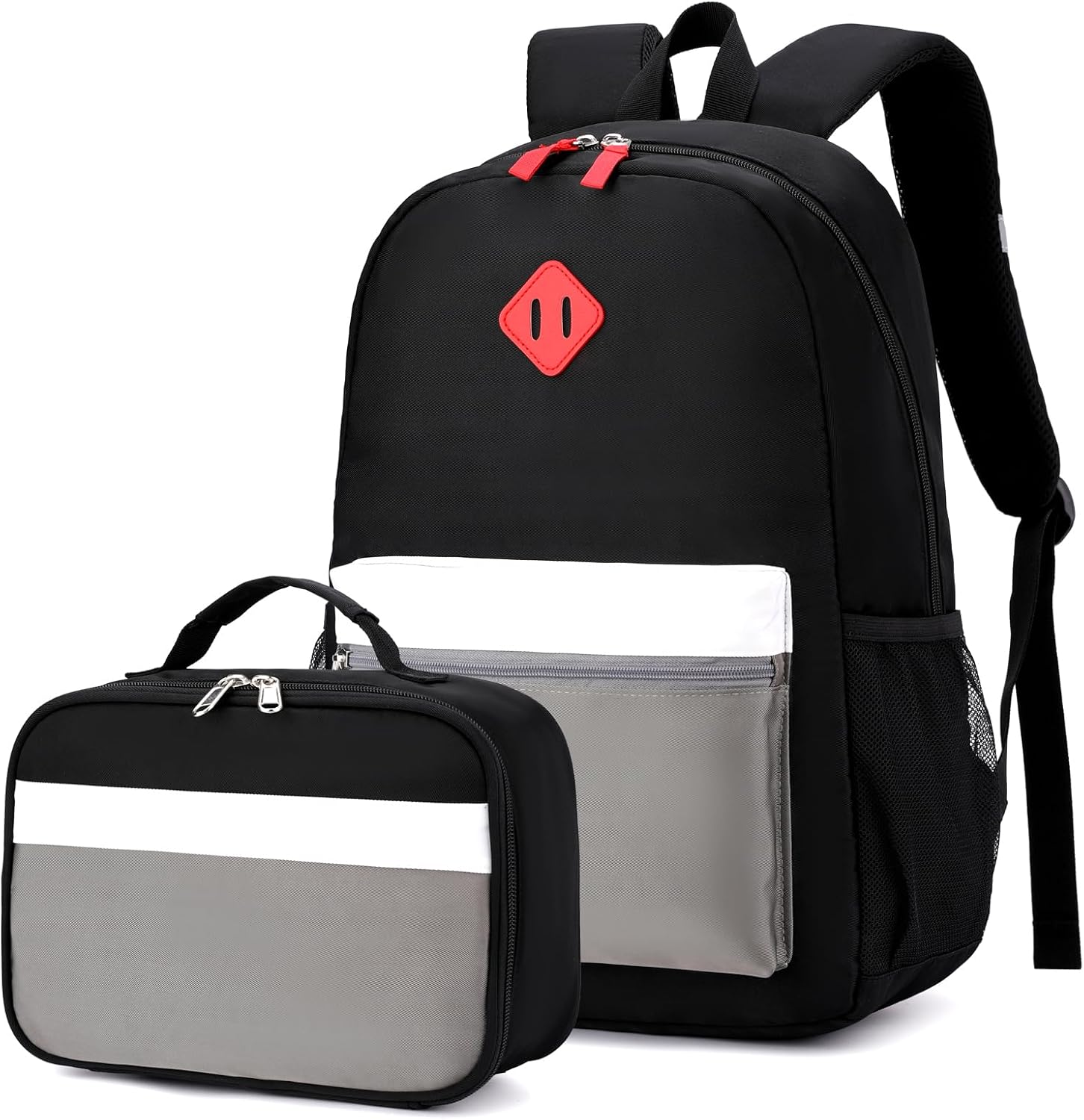 Black Grey Kids Backpack Set with Insulated Lunch Bag