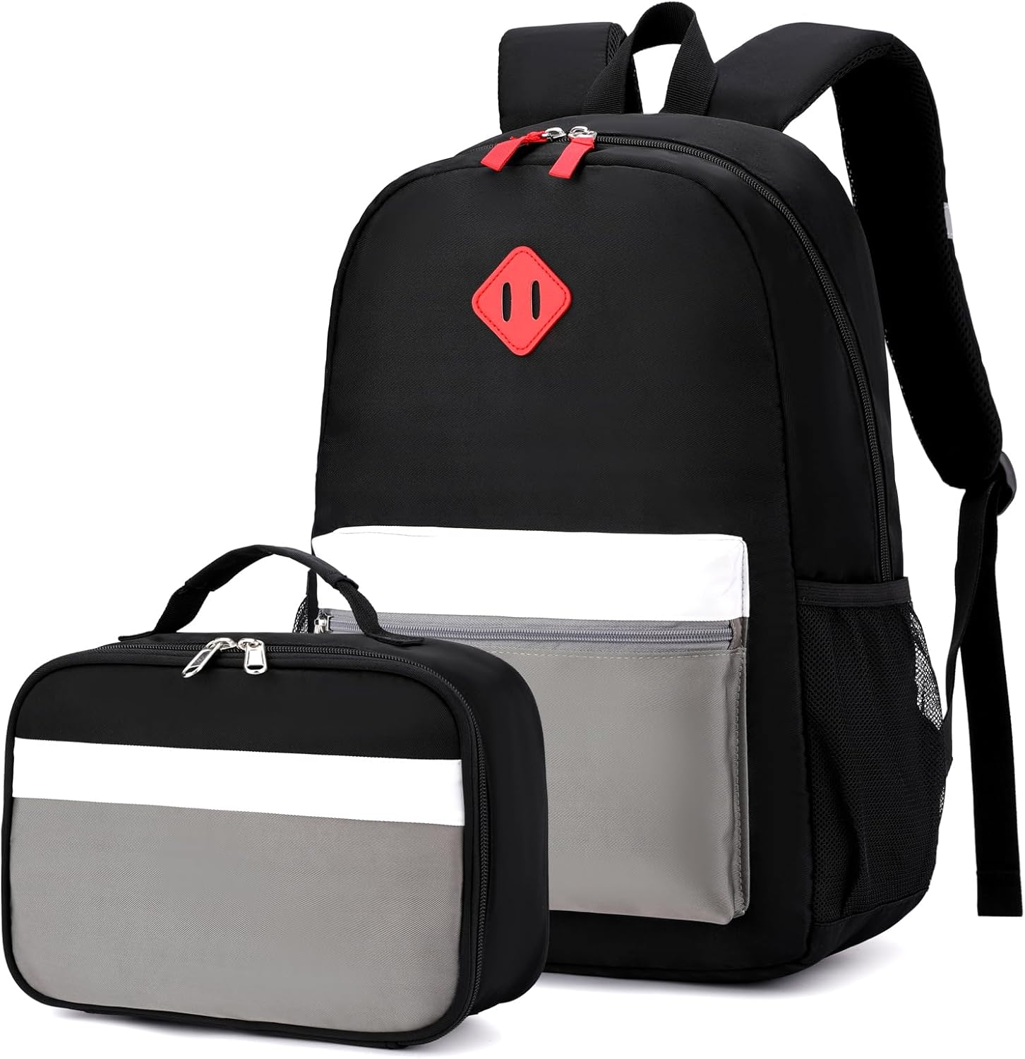 Black Grey Kids Backpack Set with Insulated Lunch Bag