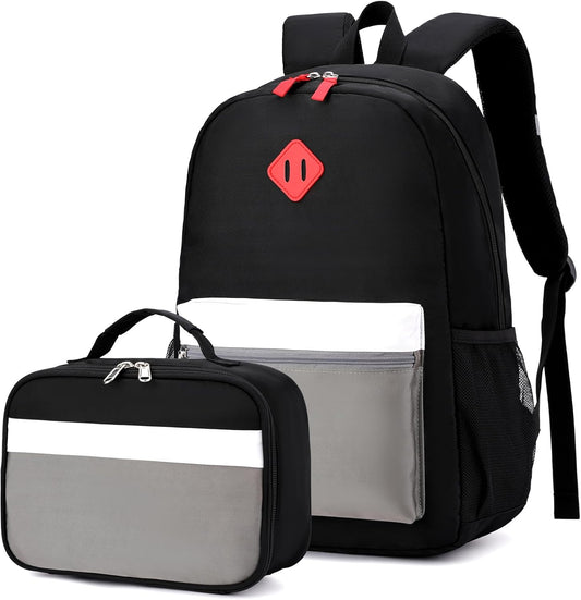 Black Grey Kids Backpack Set with Insulated Lunch Bag