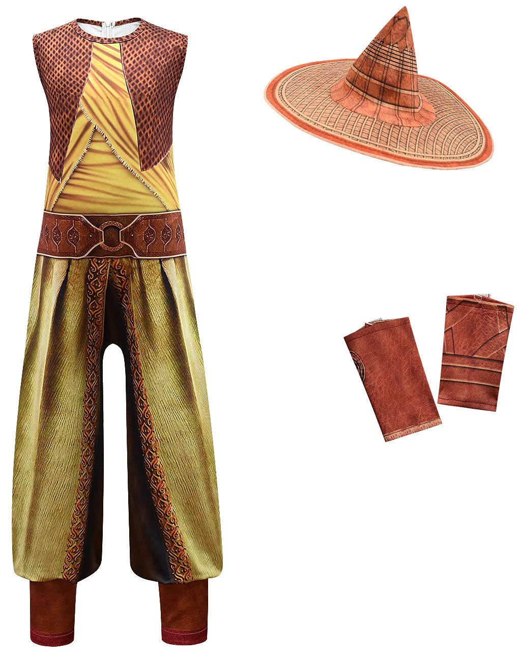 Girls Raya Cosplay Costume – Full Set Dragon Princess Warrior Outfit (Cloak + Jumpsuit + Hat + Wrist Guards)