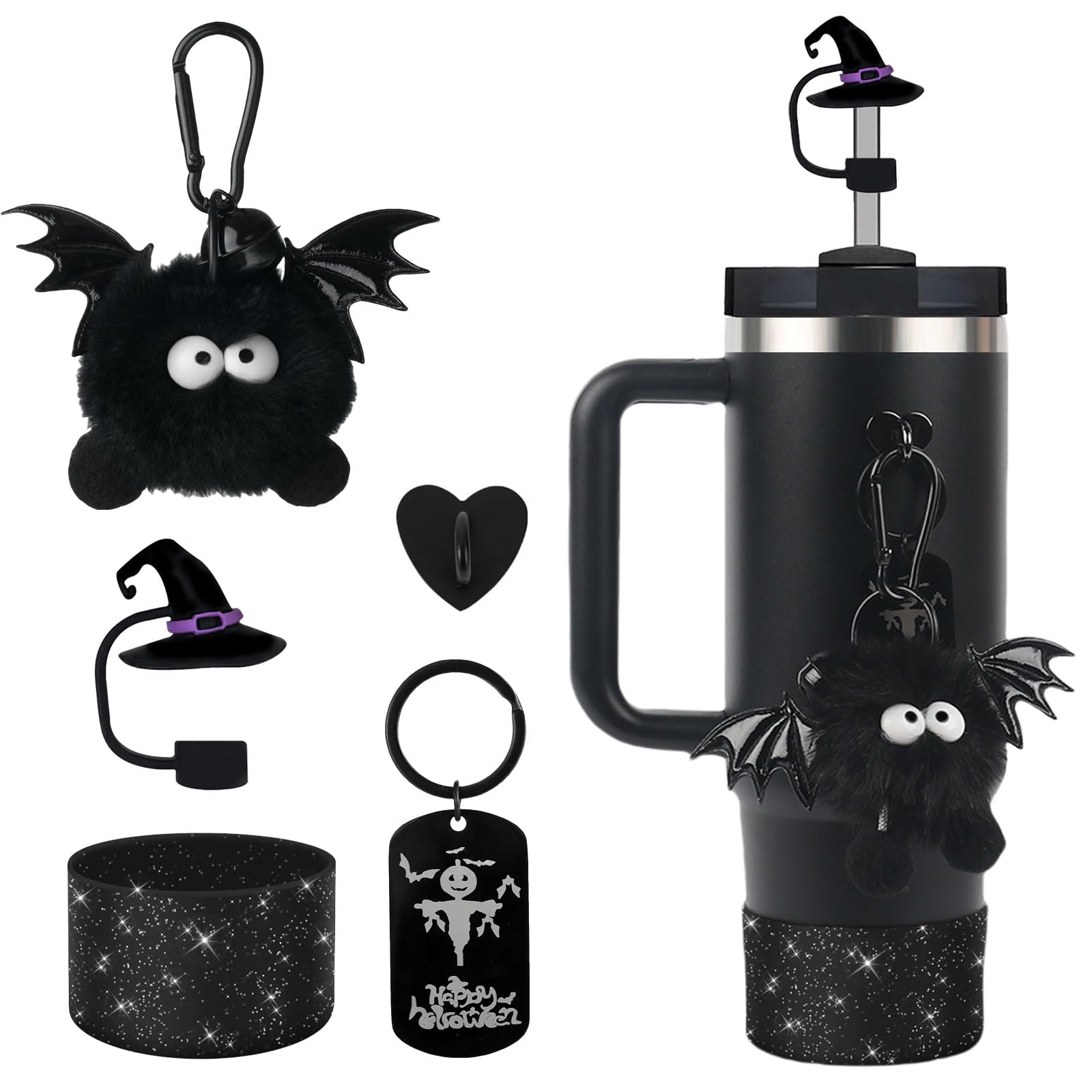 Halloween Stanley Cup Accessories Set – 5Pcs Devil Style with Handle Strap, Boot, Straw Cap & Charms for 30/40oz Cups
