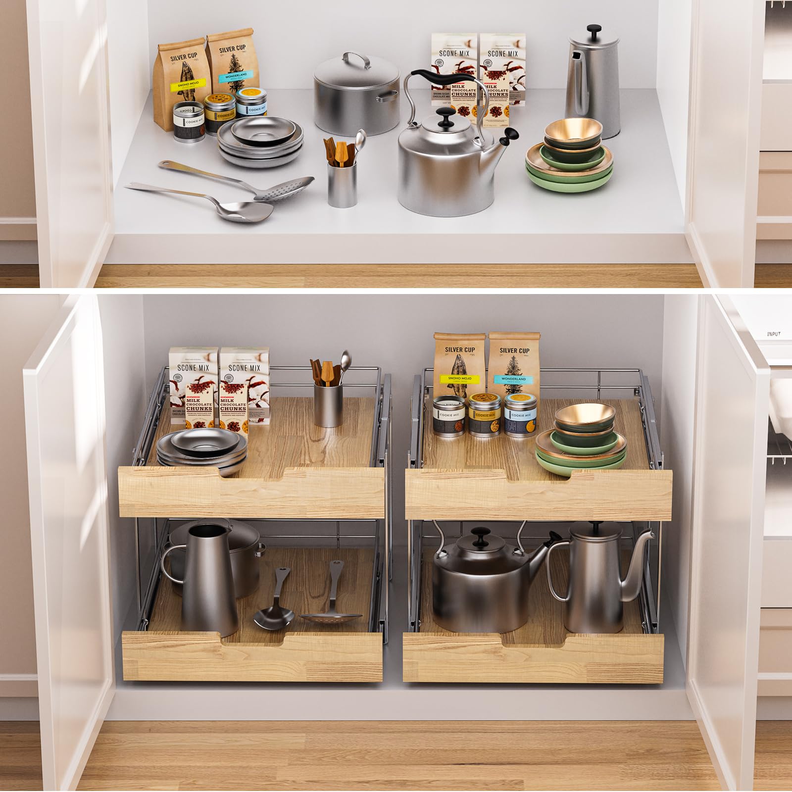 Wide Solid Wood & Wire Pull-Out Cabinet Organizer – Heavy-Duty 2-Tier Slide-Out Shelf