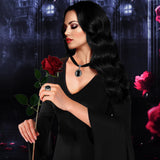 Women’s Gothic Halloween Costume Set – Long Black Dress, Wig, Rose, Ring & Necklace (5pcs)