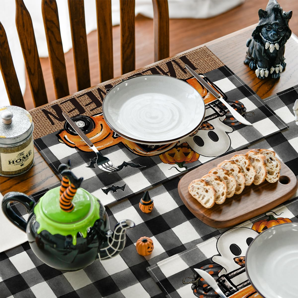 Artoid Mode Halloween Placemats Set of 4 – Black & Beige Polyester Table Mats for Dining & Party Decor