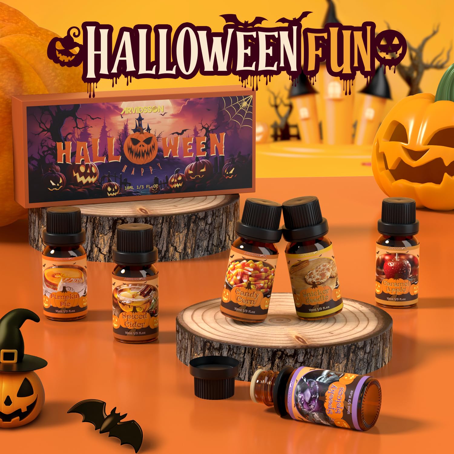 Halloween Fragrance Oil Set – 6 Scents (Pumpkin Pie, Spiced Cider, Caramel Apple, Candy Corn, Snickerdoodle & Spooky Spices) – Essential Oils for Candles, Diffusers & DIY Crafts