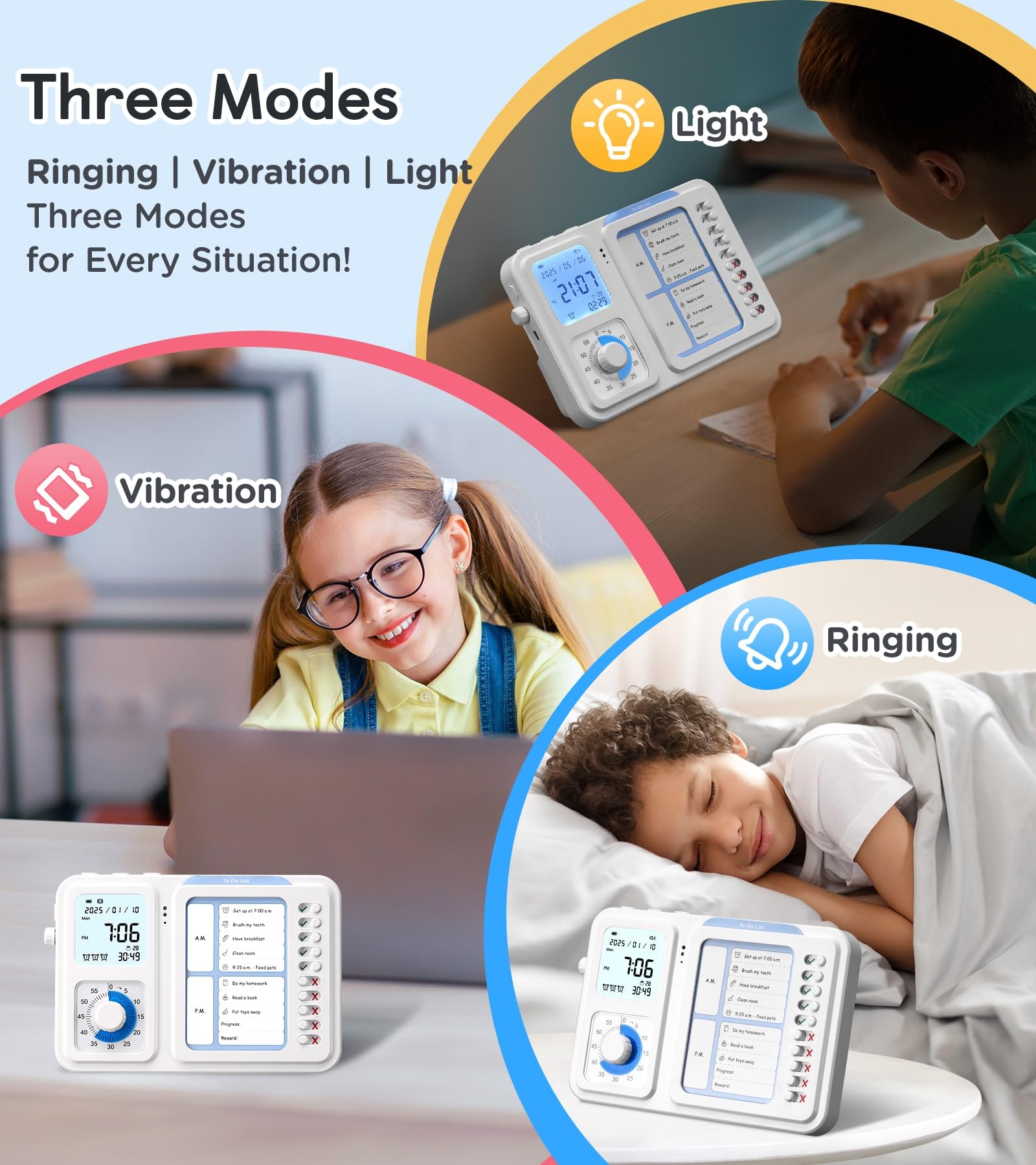 3-in-1 Visual Timer with Chore Chart & Digital Clock for ADHD Focus, Routines & Daily Schedules – White